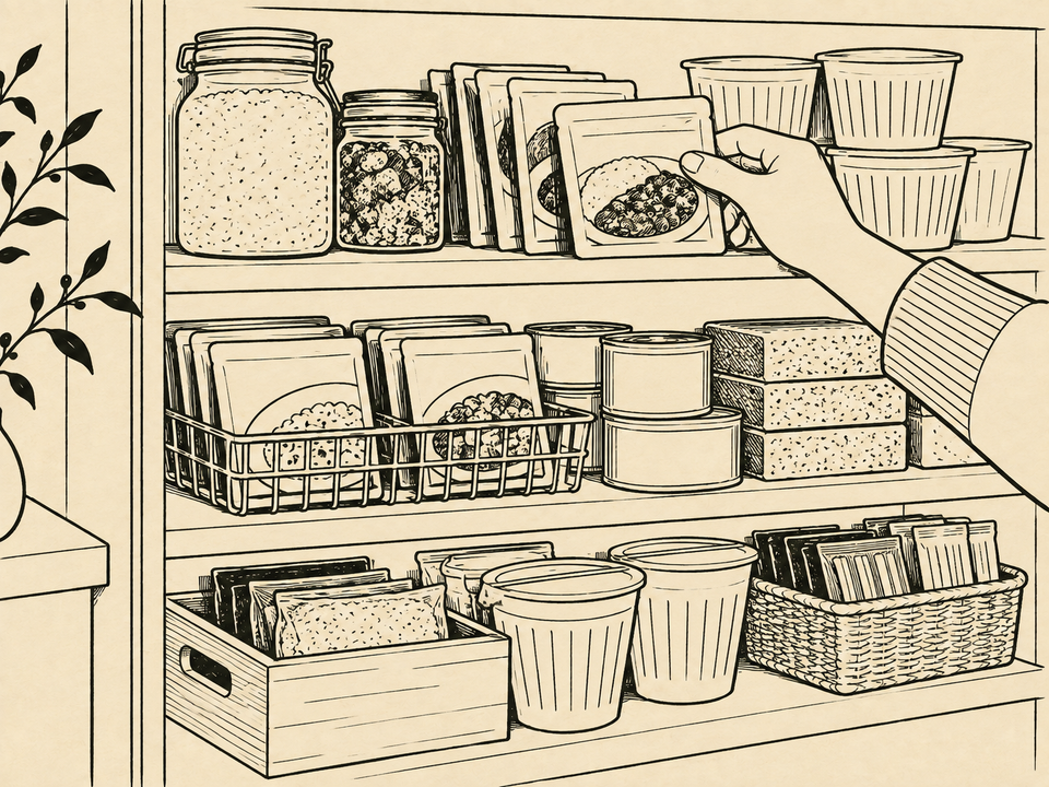食品を買い置きする白黒イラスト