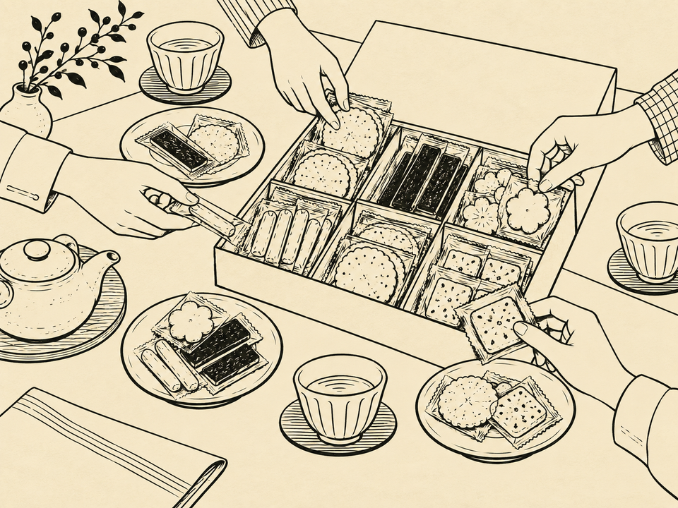 お菓子を分け合う白黒イラスト