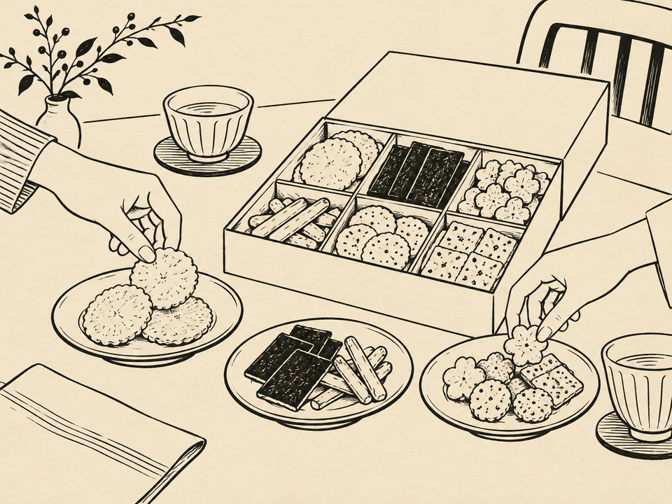お菓子を食べ比べる白黒イラスト